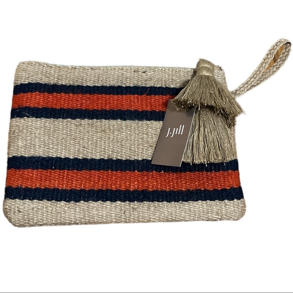 J.Jill Wristlet Clutch Multicolor Striped Handbag/‎ Wallet Jute Tassel